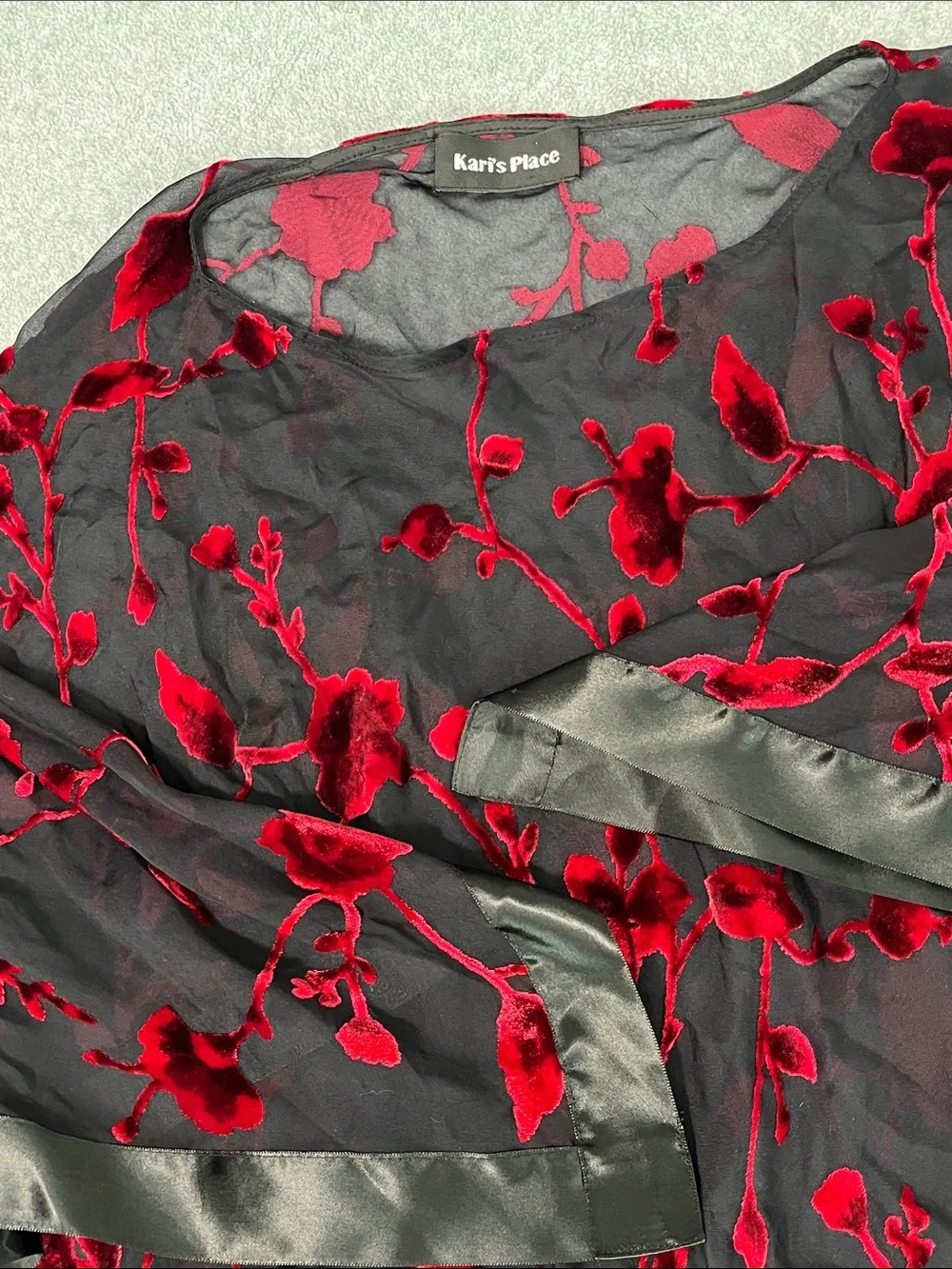 Black Sheer Poncho Coverup Red Velvet Floral Burnout Large Whimsigoth Dark Vamp